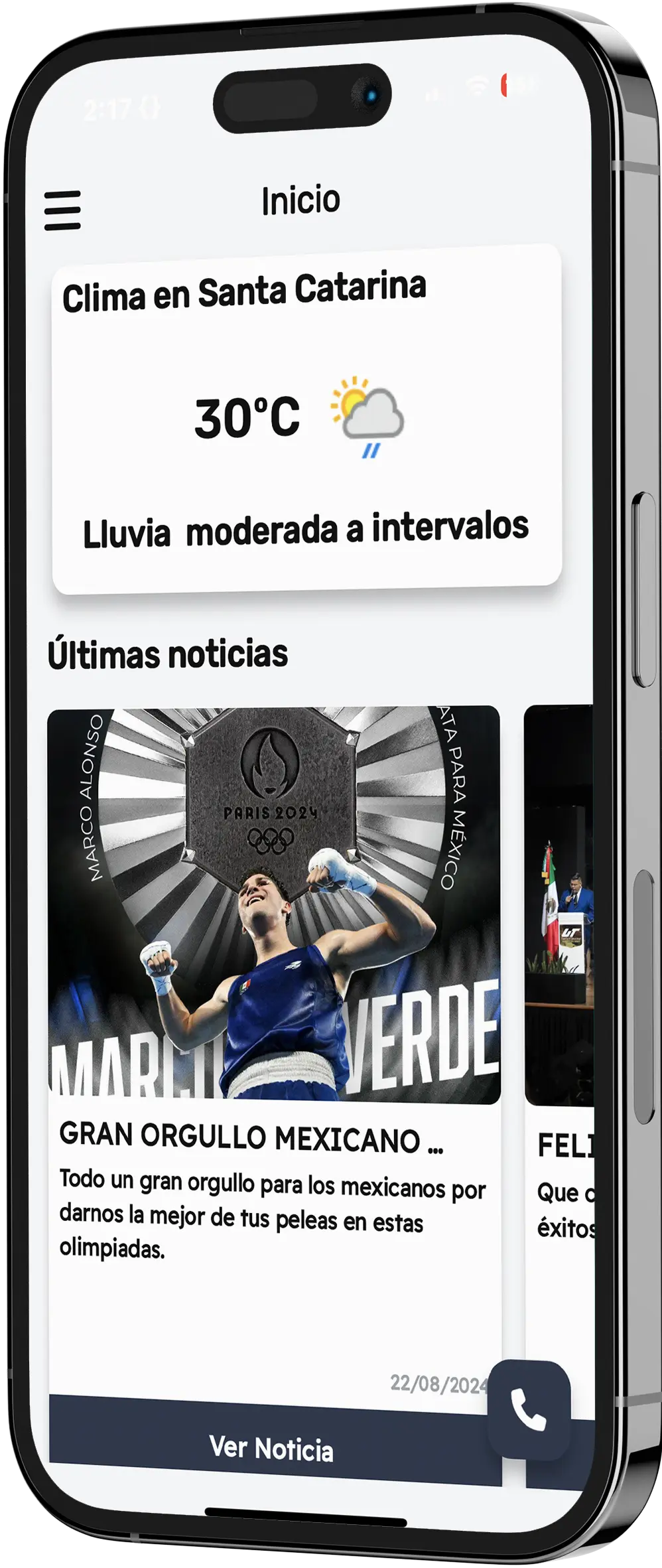 La app Servicios Municipales abierta en un teléfono, con el clima y las últimas noticias