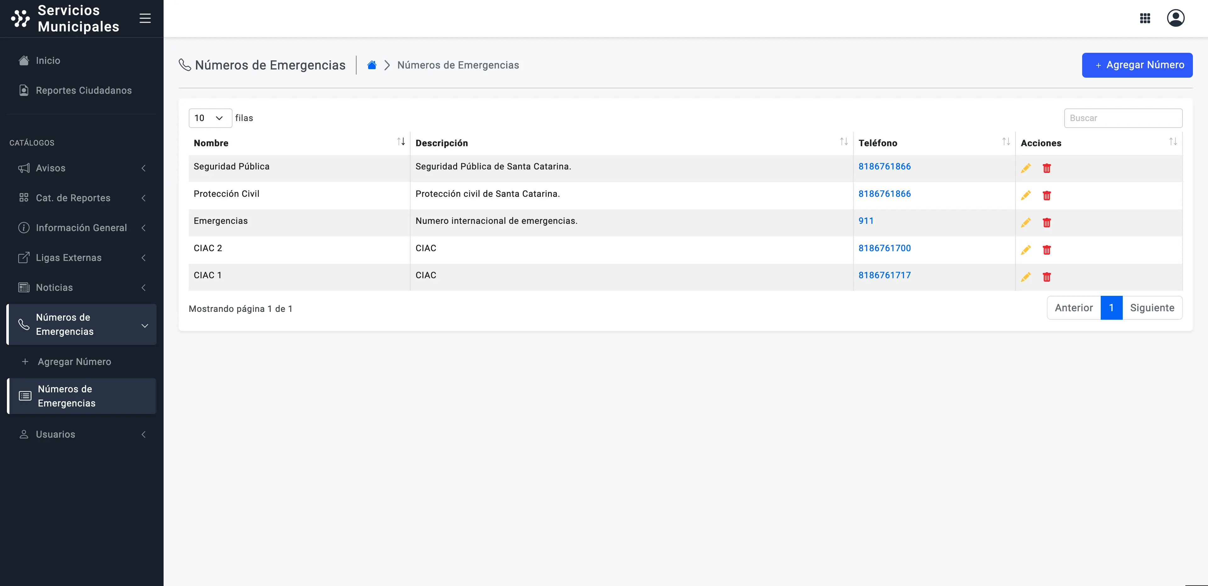 Panel de administración web mostrando la tabla de números de emergencia con opciones para editar y eliminar
