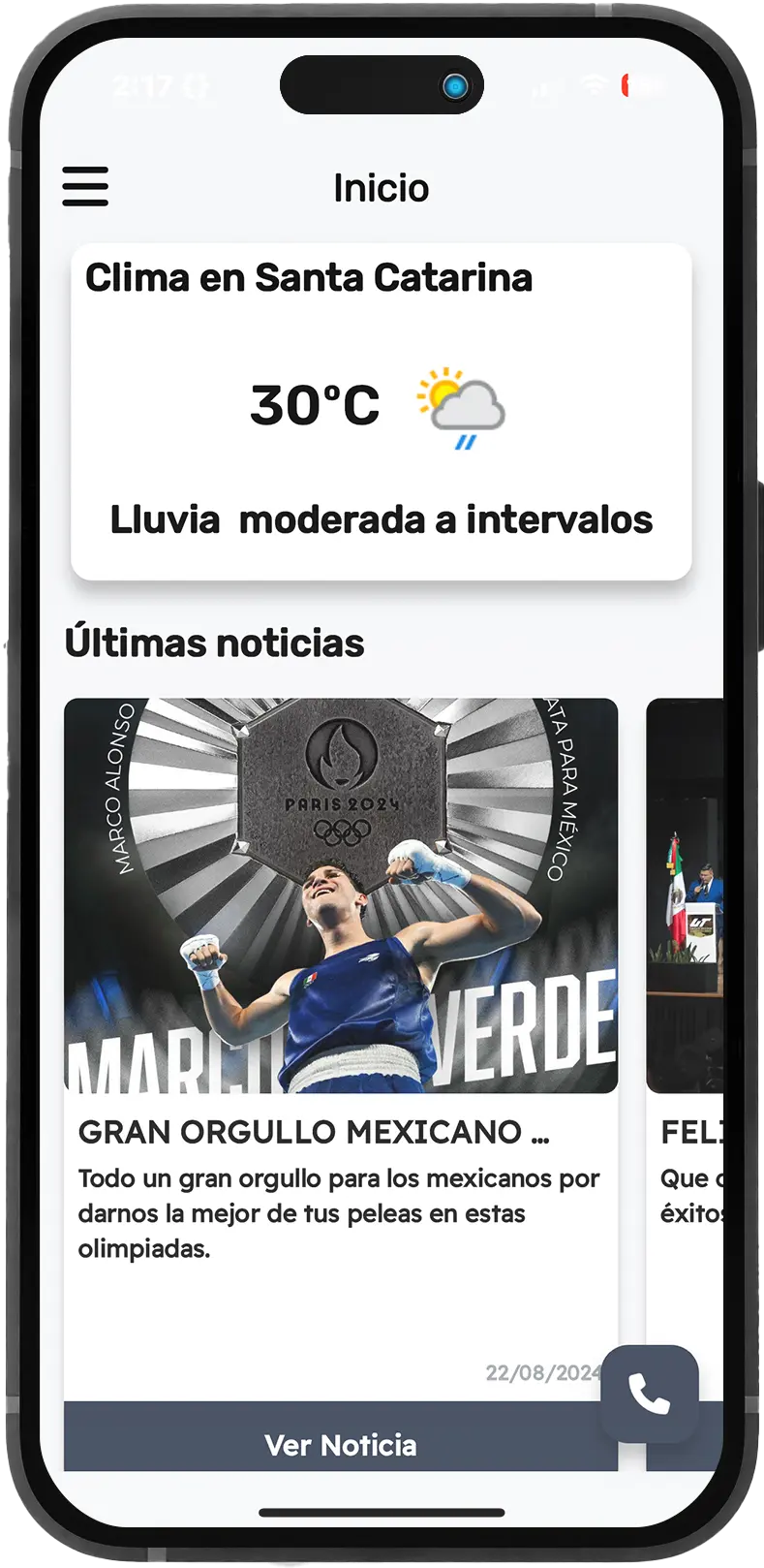 Pantalla de inicio de la app con el clima en Santa Catarina y las últimas noticias