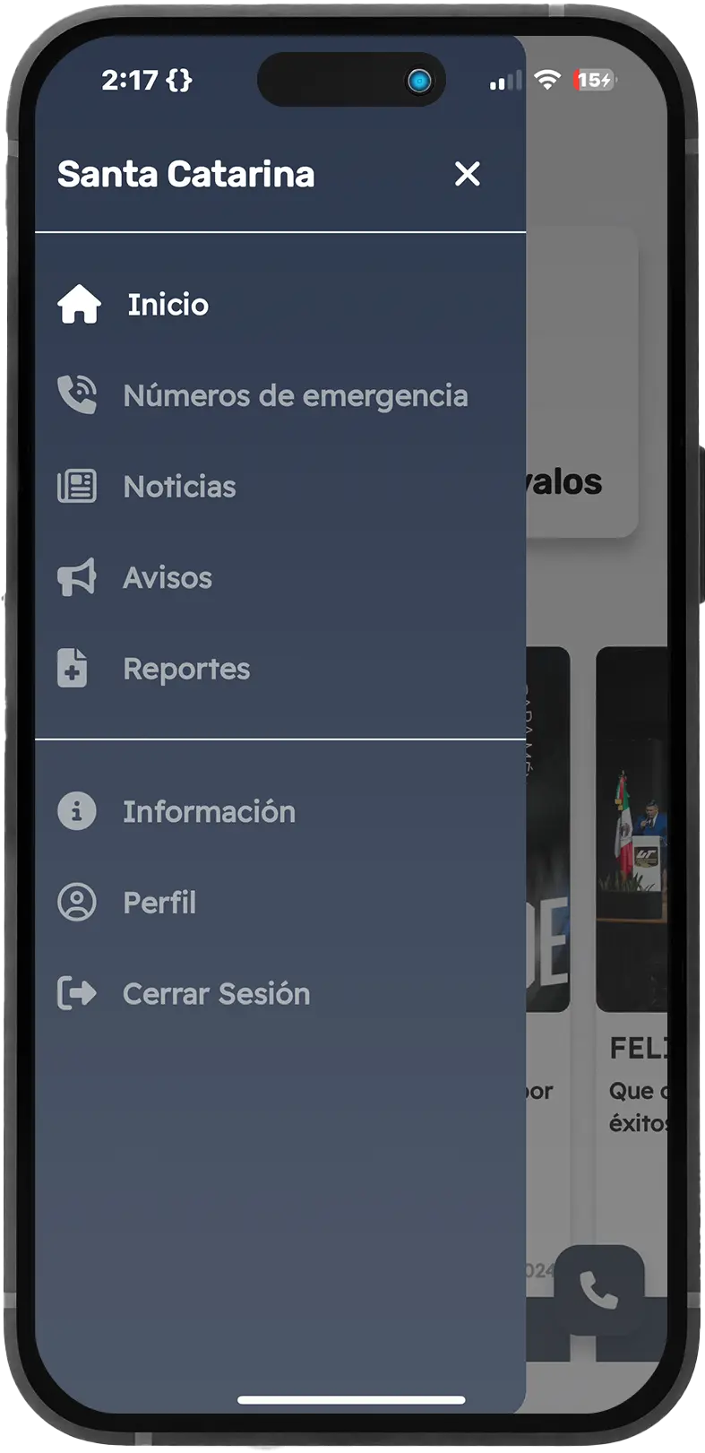 Menú lateral con las secciones de la app