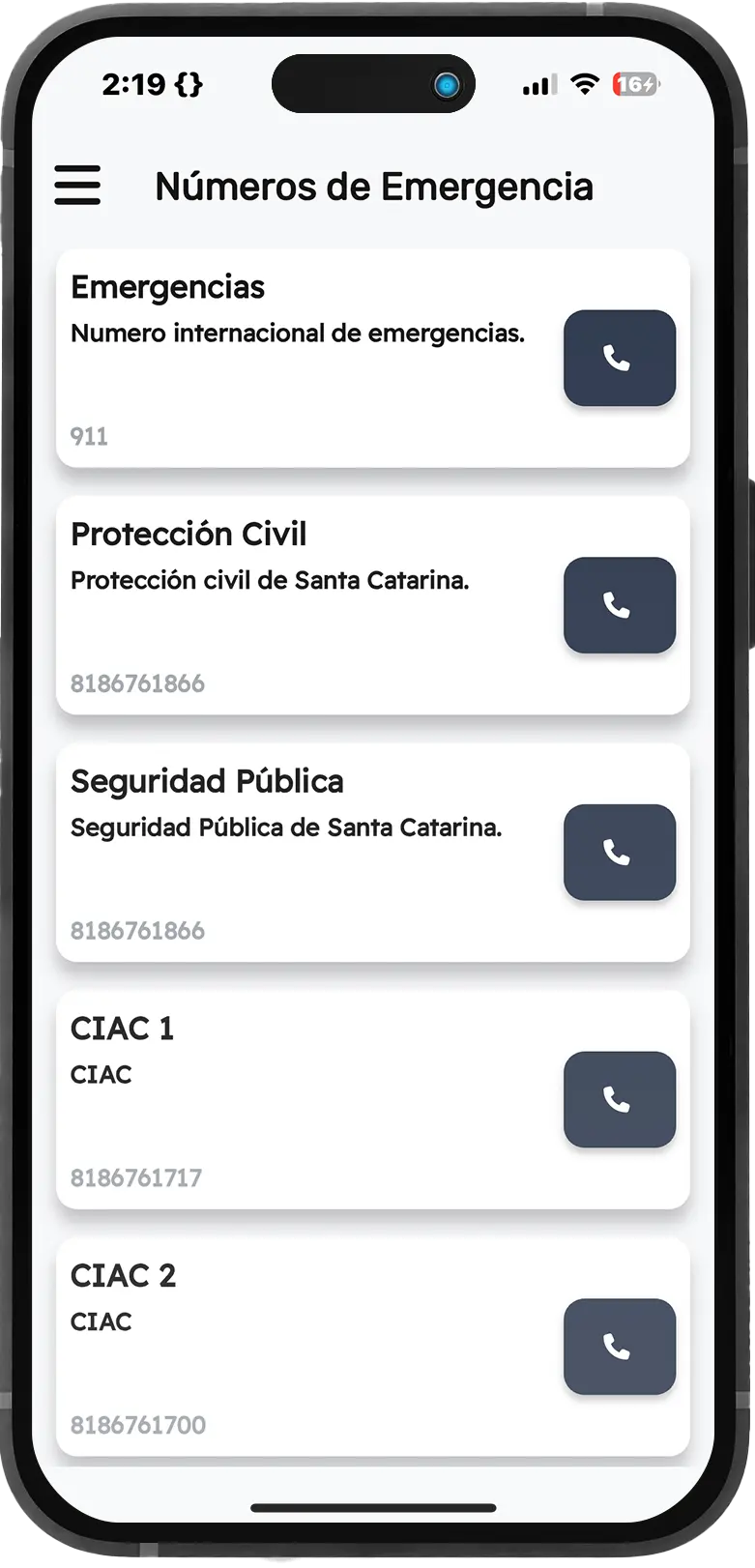 Lista de números de emergencia: Protección Civil, Seguridad Pública y CIAC, cada uno con botón para llamar