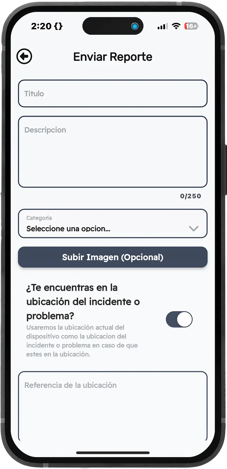 Formulario para enviar un reporte con título, descripción, categoría, imagen y ubicación