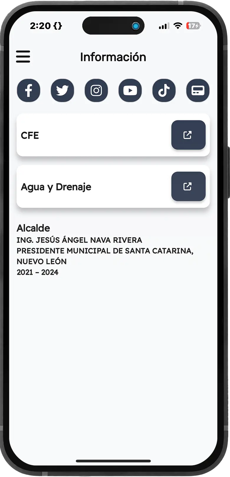 Pantalla de información con redes sociales del municipio, enlaces a CFE y Agua y Drenaje, y datos del alcalde