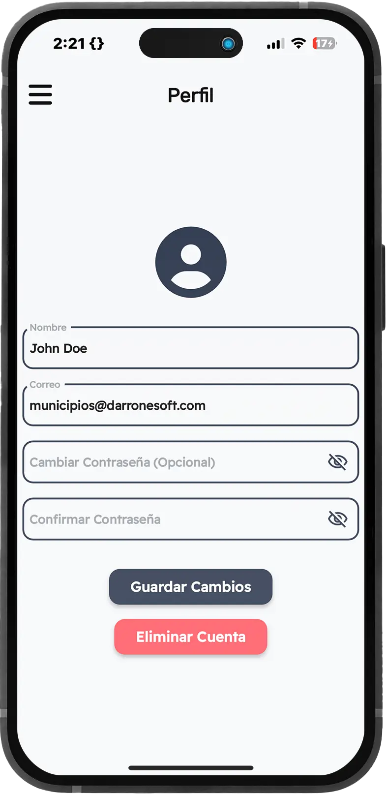 Perfil del usuario con opciones para guardar cambios o eliminar la cuenta
